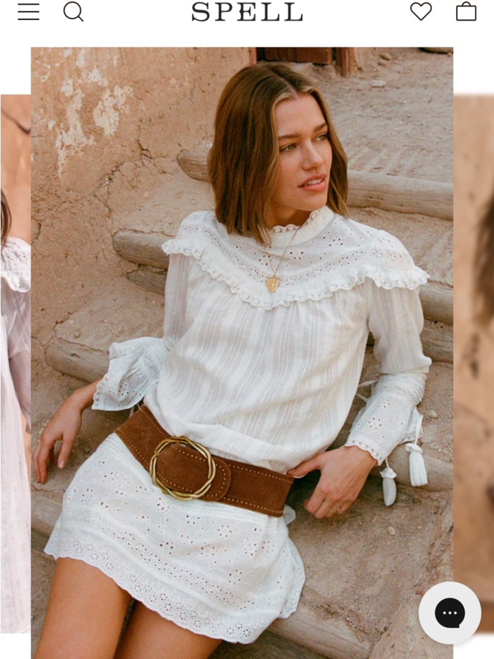 Spell White Eyelet Ruffle-Yoke Mini Dress with Brown Belt